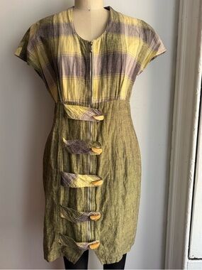 Vintage Cotton Linen Plaid Dress Yellow Gray Check Horn Button A-Line Dress